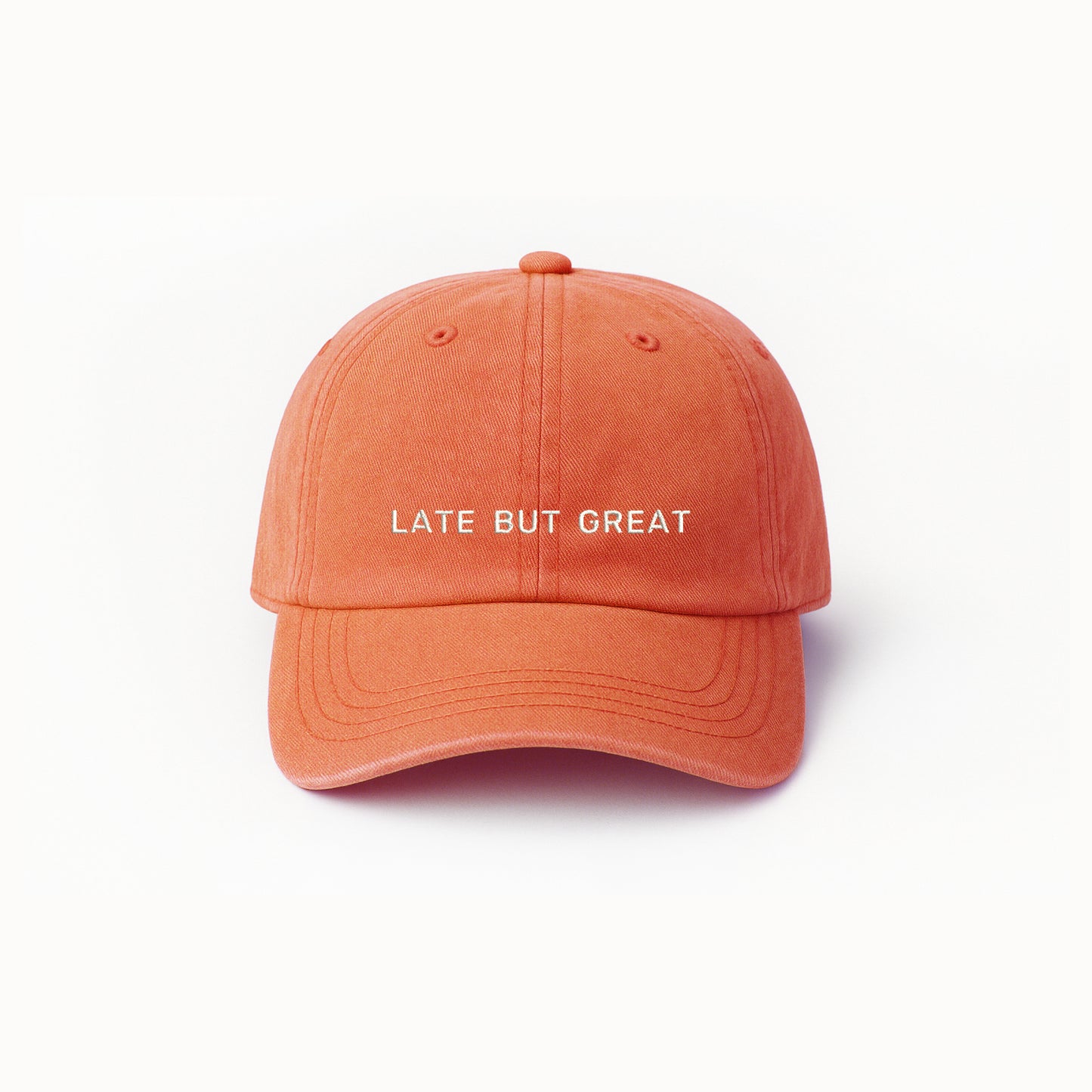 Personalisierte orange Basecap "Late But Great"