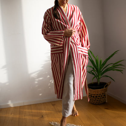 RED STRIPES ROBE - Handwoven Robe for Luxurious Relaxation