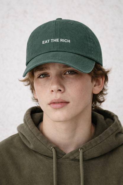 Personalisierte Vintage Forest Green Cap "Eat The Rich" HELLO TURCO